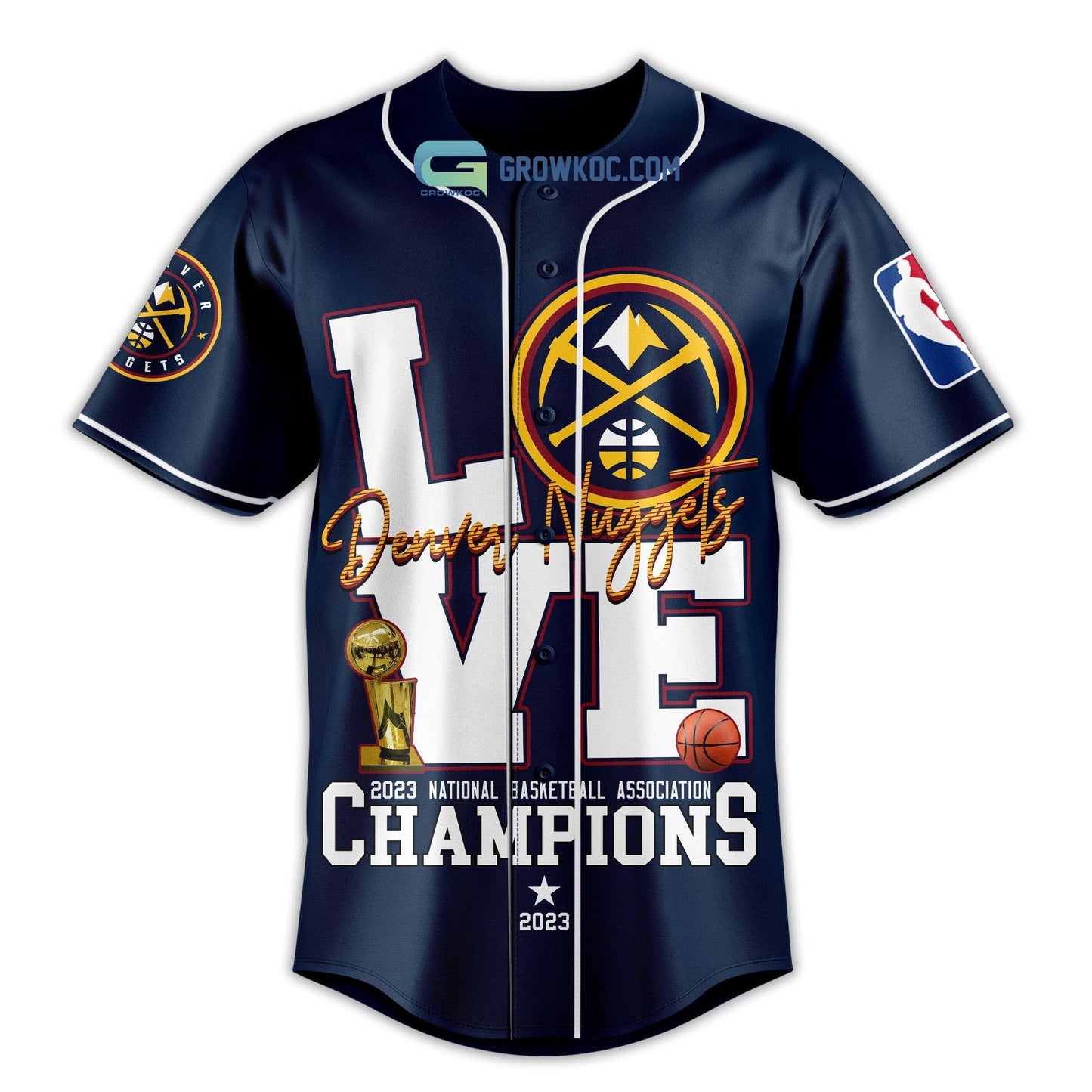 Denver Nuggets Love Team 2023 National Basketball Association Champions Navy Design Baseball Jersey baseball jersey product view 4