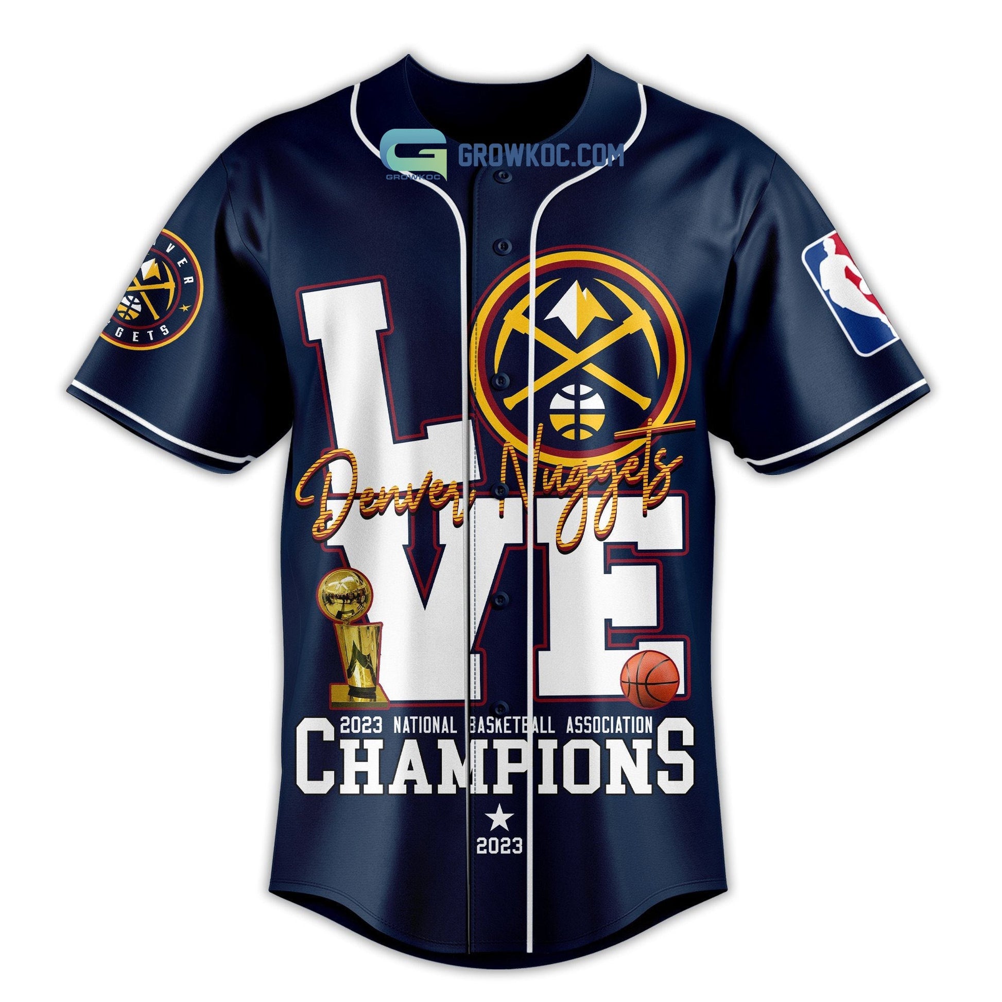 Denver Nuggets Love Team 2023 National Basketball Association Champions Navy Design Baseball Jersey baseball jersey product view 4