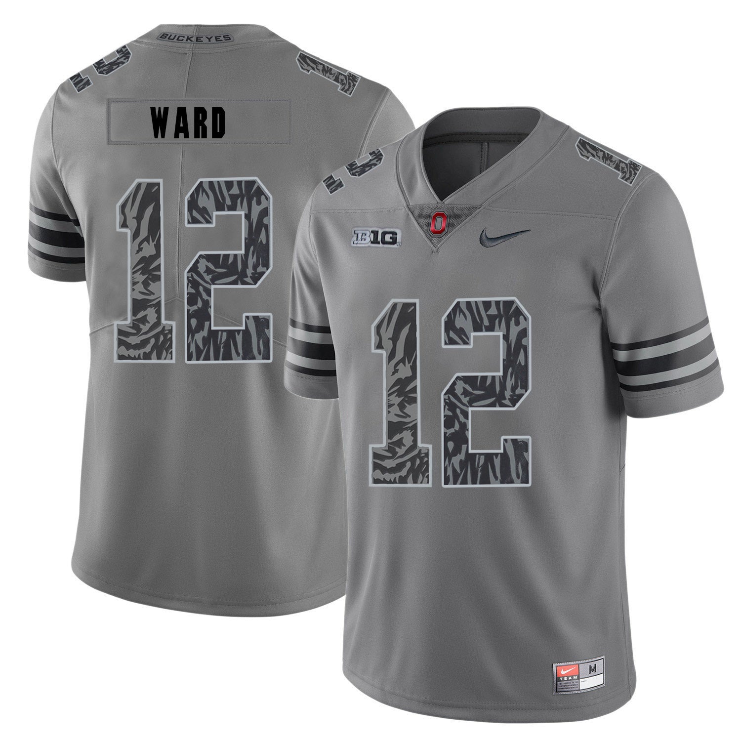 Denzel Ward 12 Pattern Dark Gray College Football Jersey football jersey product view 1