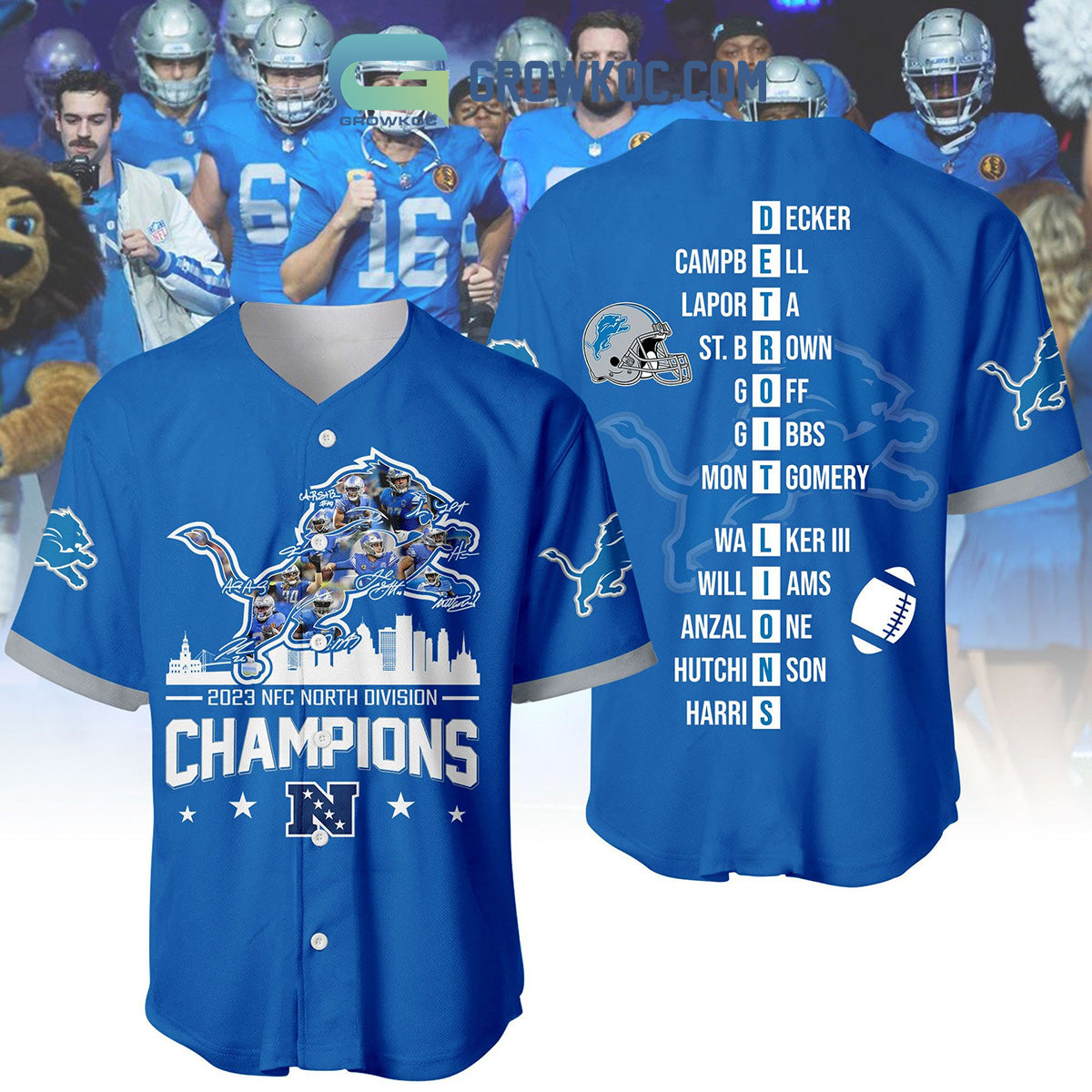Detroit Lions 2023 NFC North Division Champions Blue Design Baseball Jersey baseball jersey product view 1