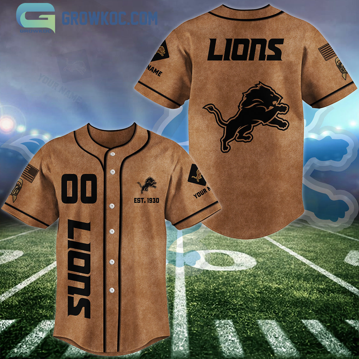 Detroit Lions Brown American Flag Personalized Baseball Jersey baseball jersey product view 1