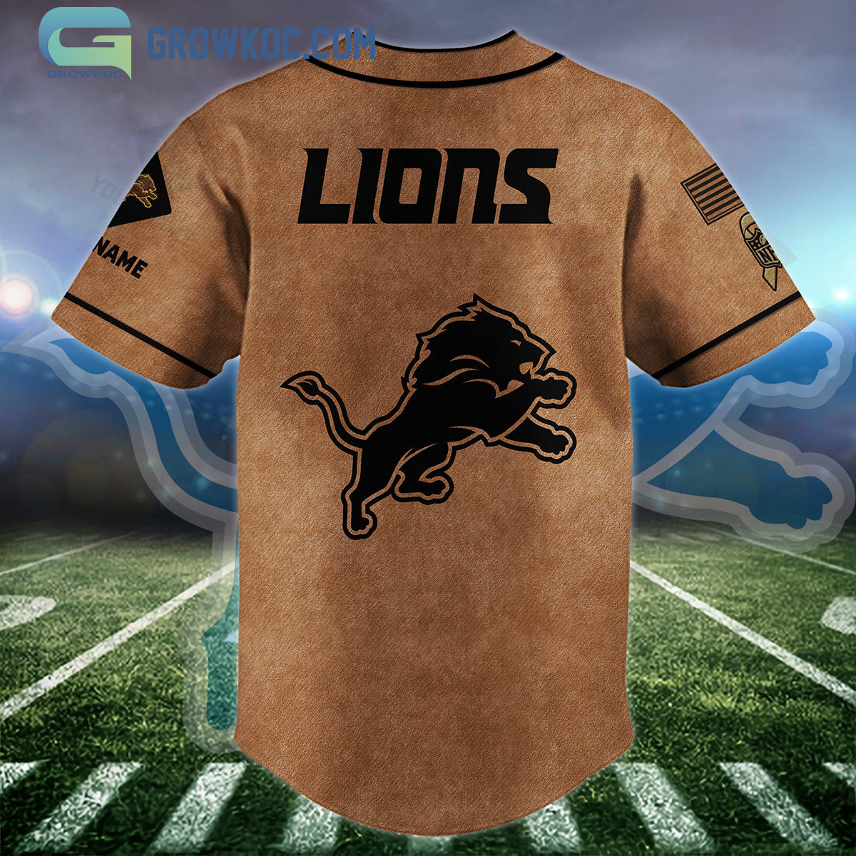 Detroit Lions Brown American Flag Personalized Baseball Jersey baseball jersey product view 2