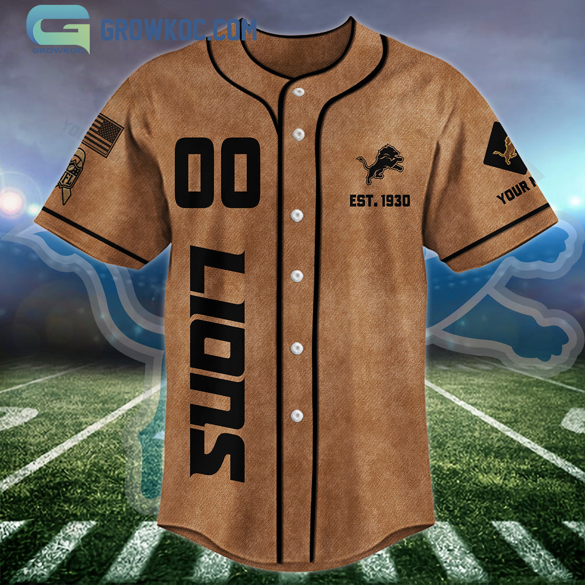 Detroit Lions Brown American Flag Personalized Baseball Jersey baseball jersey product view 3