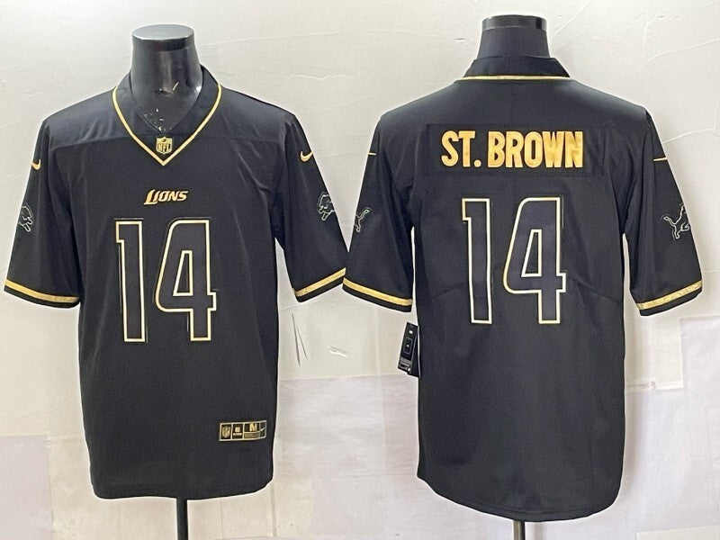 Detroit Lions #14 Amon-Ra St. Brown Black Retro Gold Football Jersey football jersey product view 1