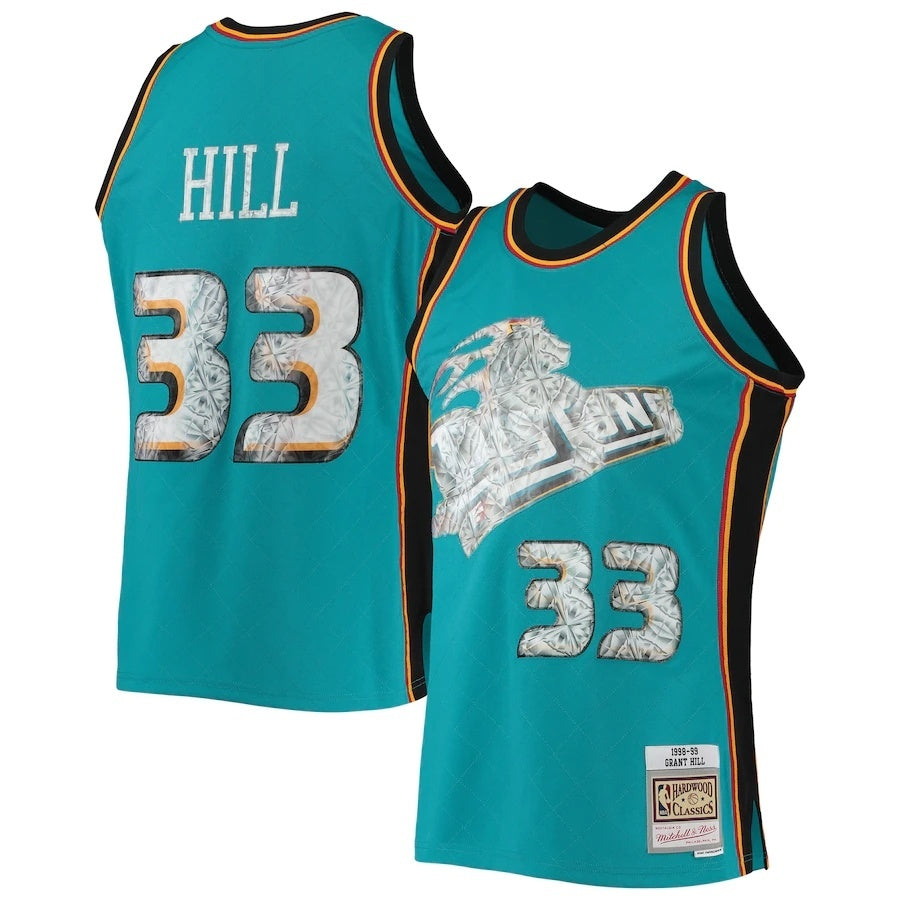 Detroit Pistons #33 Grant Hill Mitchell & Ness 1998-99 Hardwood Classics 75th Anniversary Diamond Swingman Jersey - Teal basketball jersey product view 1