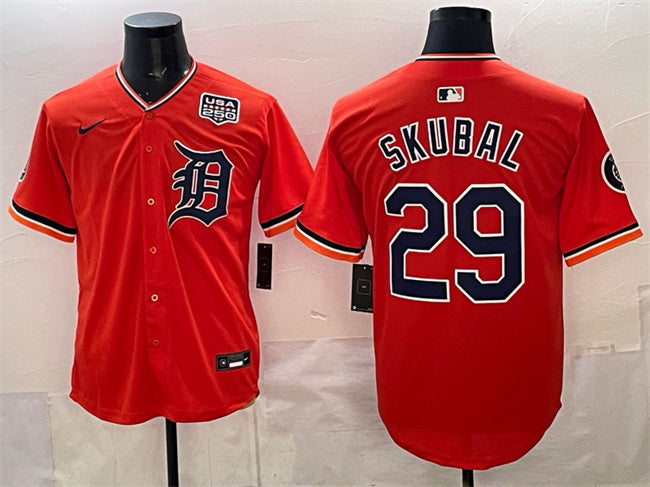 Detroit Tigers #29 Tarik Skubal Orange 2026 Alternate USA 250' Patch Vapor Premier Baseball Jersey baseball jersey product view 1