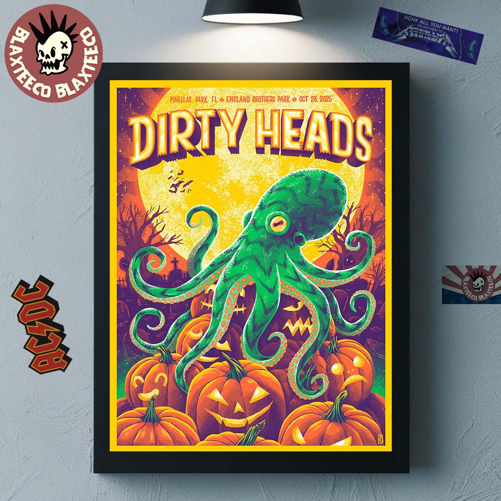 Dirty Heads Pinellas Park Florida 2025 Show Poster At England Brothers Park On October 26 2025 The Octopus And The Pumpkins Halloween 2025 Art Poster Canvas - T-Shirt, Sweatshirt, Hoodie