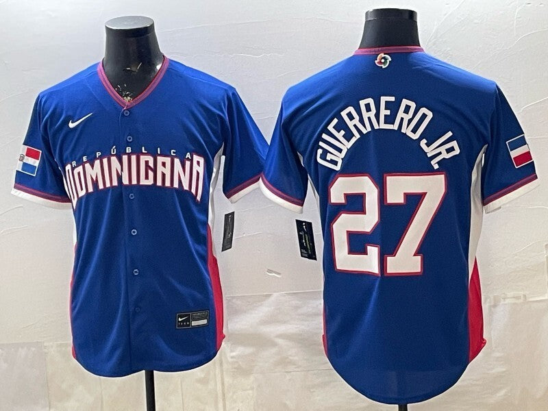 Dominican Republic Baseball #27 Vladimir Guerrero Jr. Blue 2026 World 26 World Cup Soccer Jersey baseball jersey product view 1