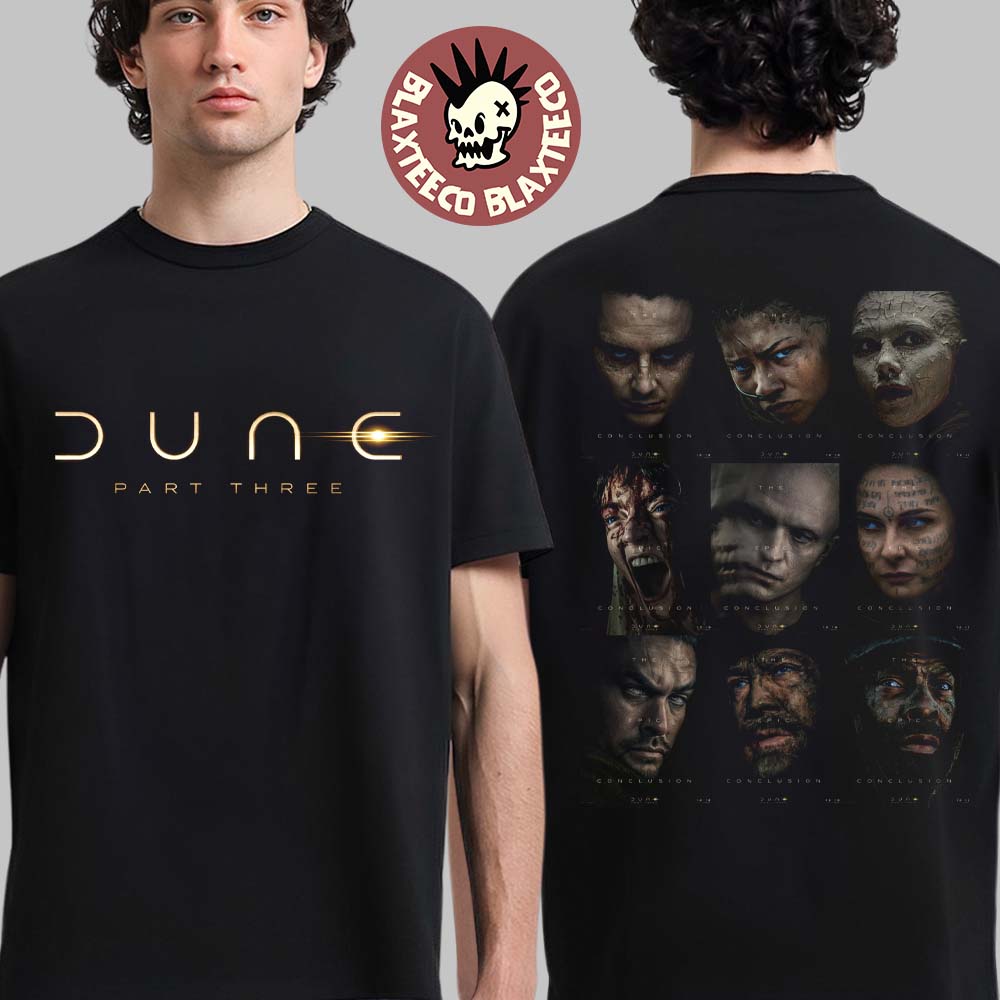 Dune 3 Official Logo With All Character Posters Two Sided T-Shirt Unisex T-shirt, Sweatshirt, Hoodie, Long Sleeve Tee - T-Shirt, Sweatshirt, Hoodie