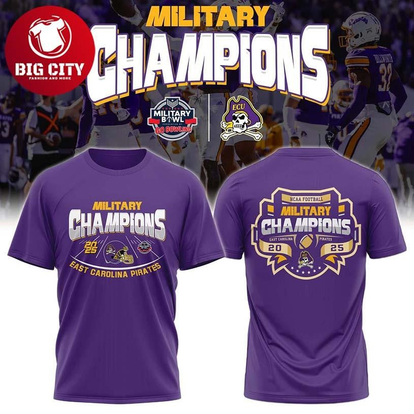 East Carolina Pirates Military Bowl 2025 Champions Two Sided Shirt Unisex T-shirt, Sweatshirt, Hoodie, Long Sleeve Tee - T-Shirt, Sweatshirt, Hoodie