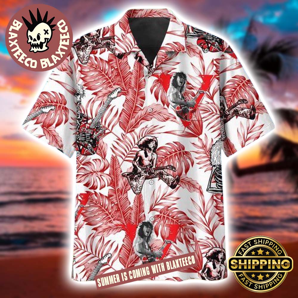 Eddie Van Halen Hard Rock Guitar Signature Red Leaf Tropical Pattern Hawaiian Shirt Unisex T-shirt, Sweatshirt, Hoodie, Long Sleeve Tee - T-Shirt, Sweatshirt, Hoodie
