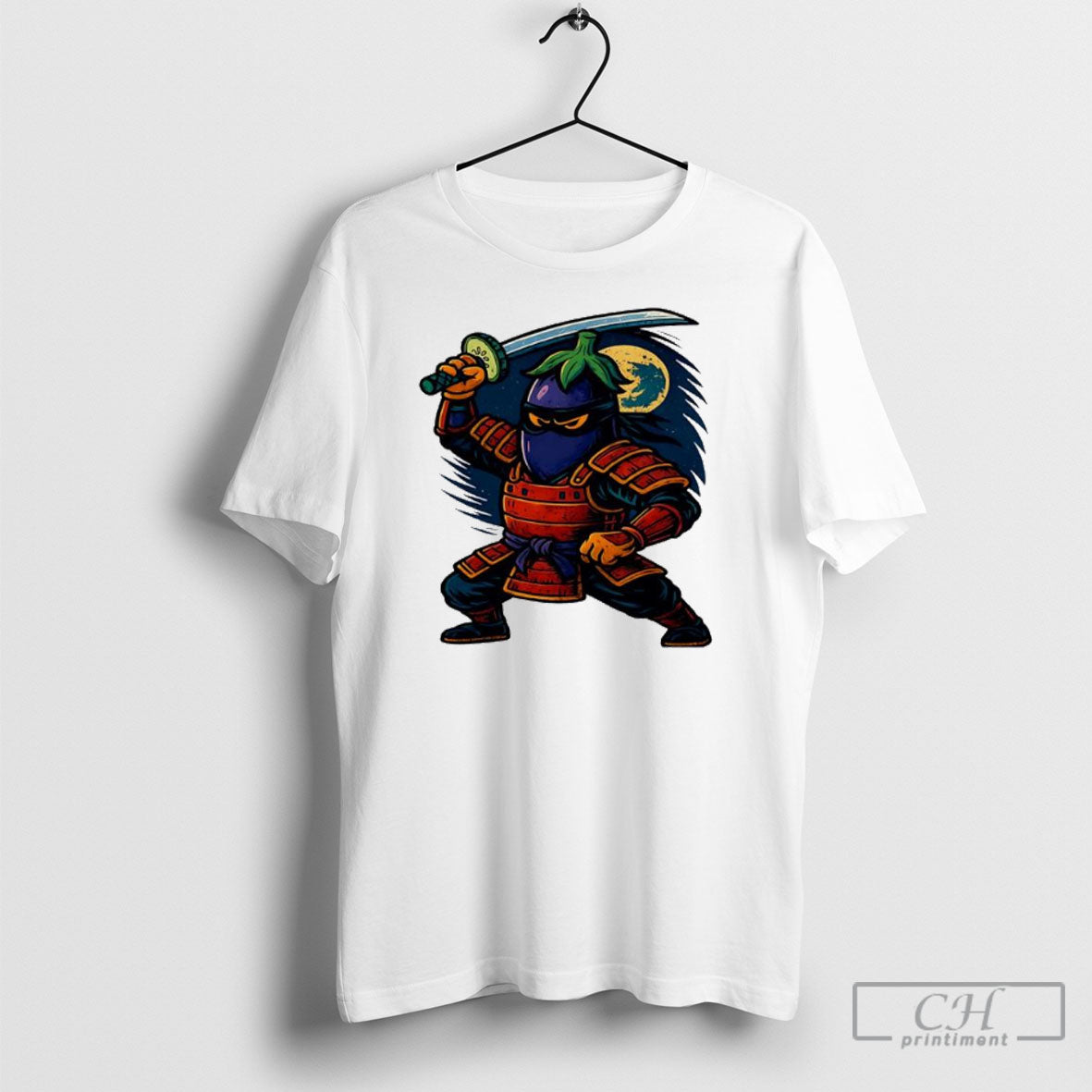 Eggplant Ninja Holding Sword Under Full Moon Warrior Funny Unisex T-shirt, Sweatshirt, Hoodie, Long Sleeve Tee - T-Shirt, Sweatshirt, Hoodie