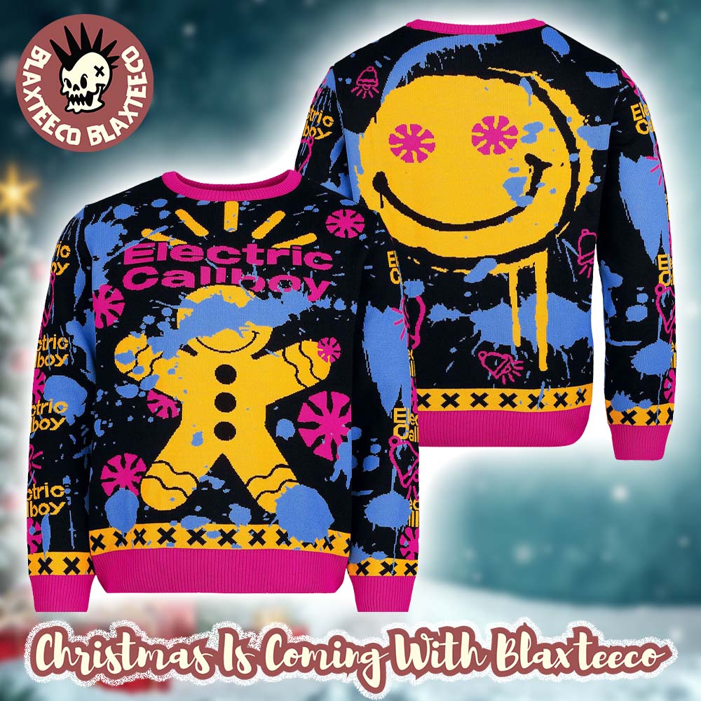 Electric Callboy Gingerbread Man And Smiley Face Splatter Color 2025 Holiday Sweater Christmas Jumper Multicolour - T-Shirt, Sweatshirt, Hoodie