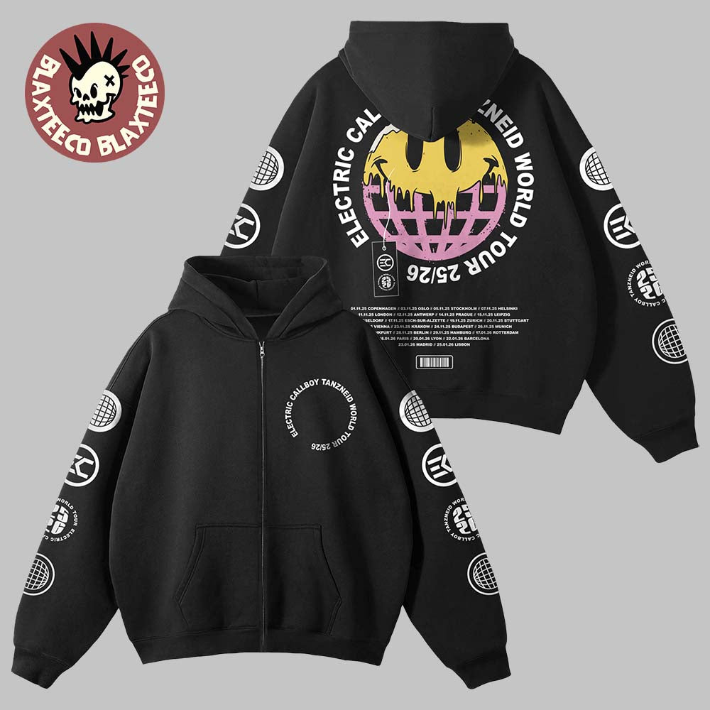 Electric Callboy Tanzneid World Tour 2025 2026 Dripping Globe Zip Hoodie Unisex T-shirt, Sweatshirt, Hoodie, Long Sleeve Tee - T-Shirt, Sweatshirt, Hoodie