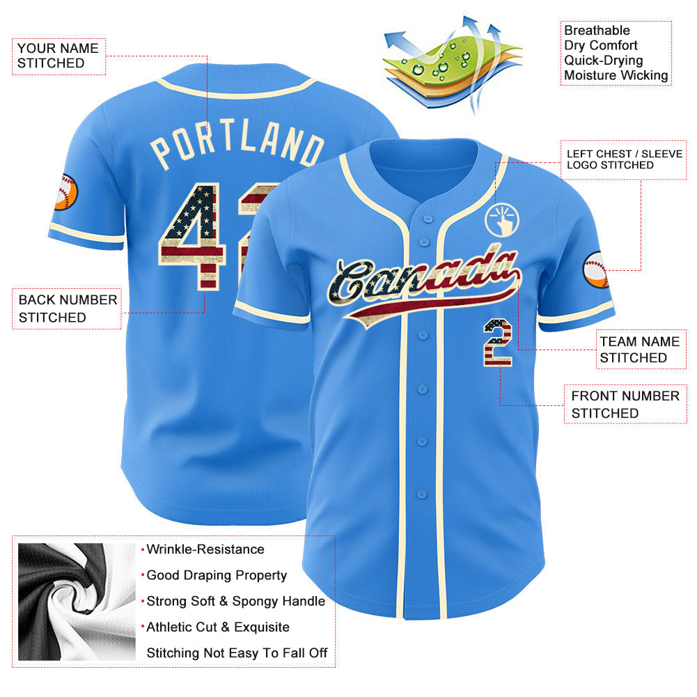 Custom Electric Blue Vintage USA Flag-Cream Authentic Baseball Jersey baseball jersey product view 3
