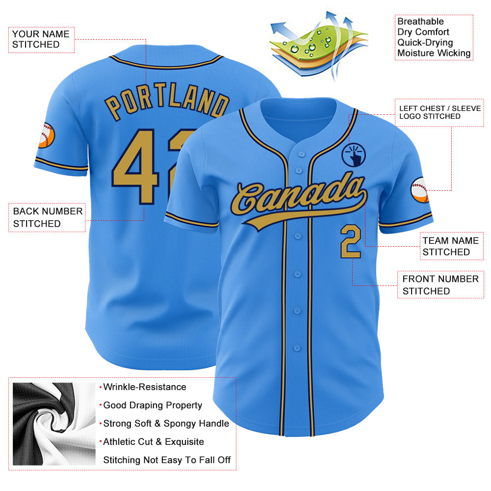 Custom Electric Blue Old Gold-Navy Authentic Baseball Jersey baseball jersey product view 3