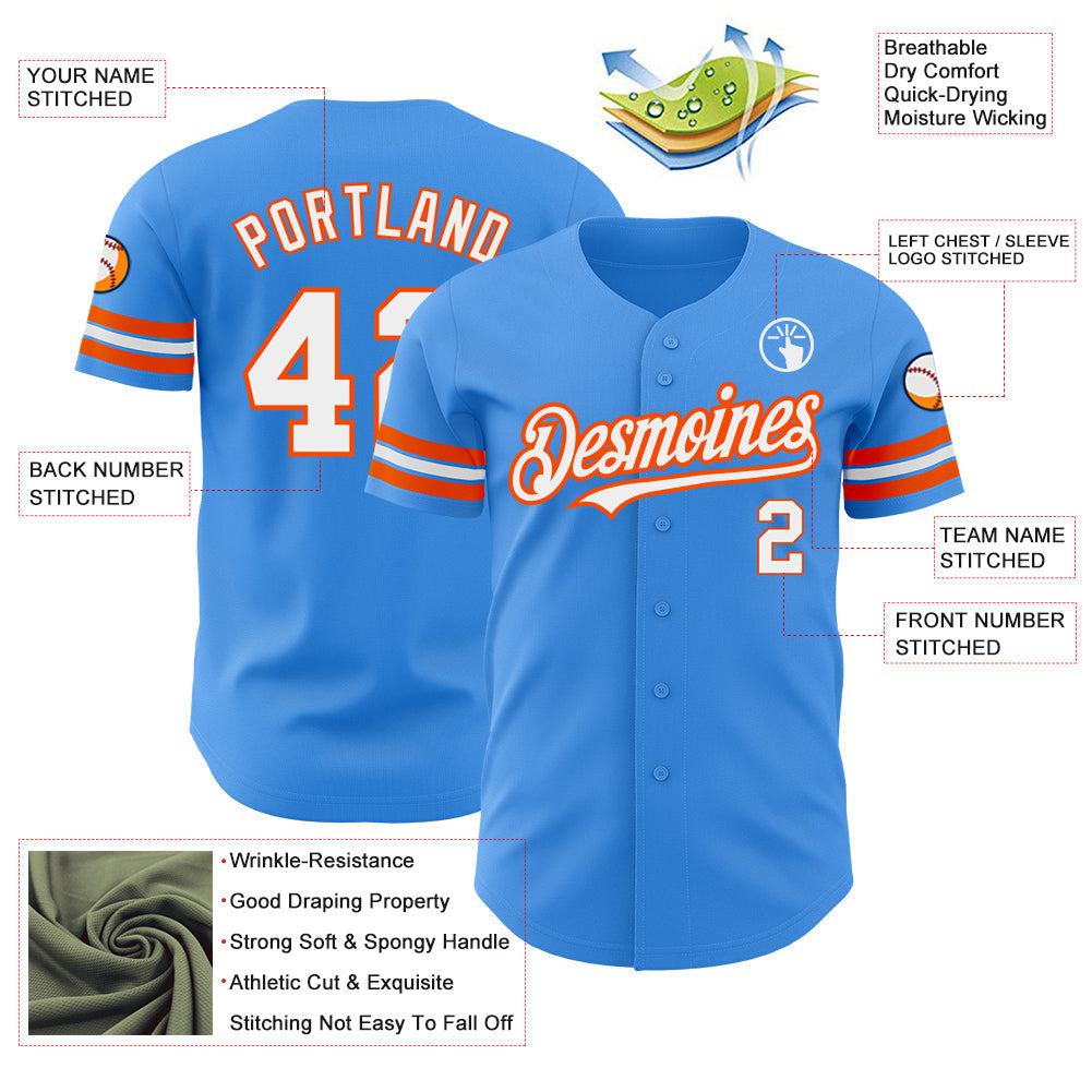 Custom Electric Blue White-Orange Authentic Baseball Jersey baseball jersey product view 3