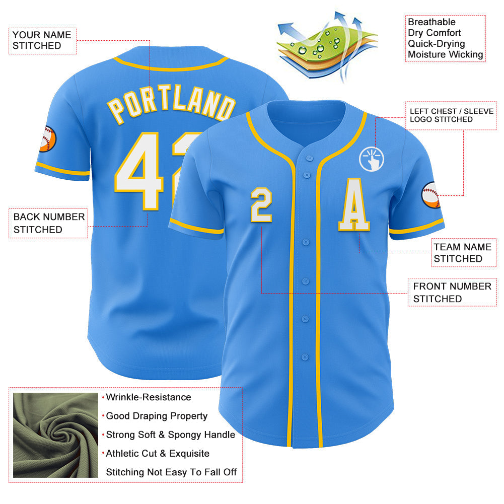 Custom Electric Blue White-Yellow Authentic Baseball Jersey baseball jersey product view 2