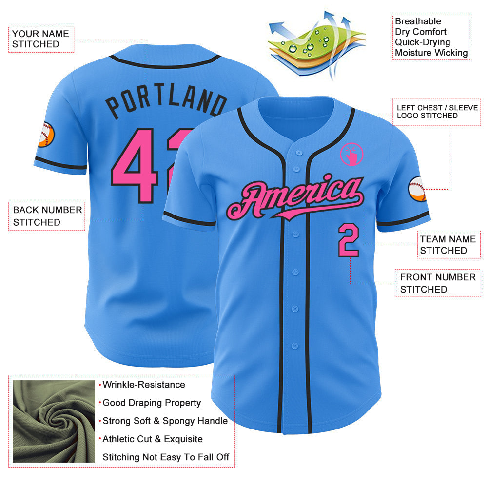 Custom Electric Blue Pink-Black Authentic Baseball Jersey baseball jersey product view 3