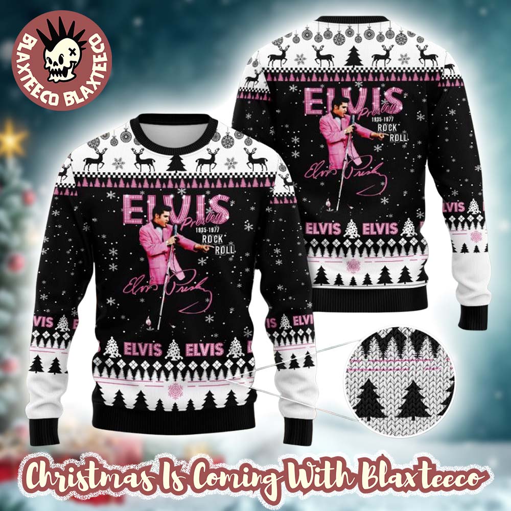 Elvis Presley 1935 1977 Rock And Roll Signature Knitted Ugly Christmas Sweater Unisex T-shirt, Sweatshirt, Hoodie, Long Sleeve Tee - T-Shirt, Sweatshirt, Hoodie