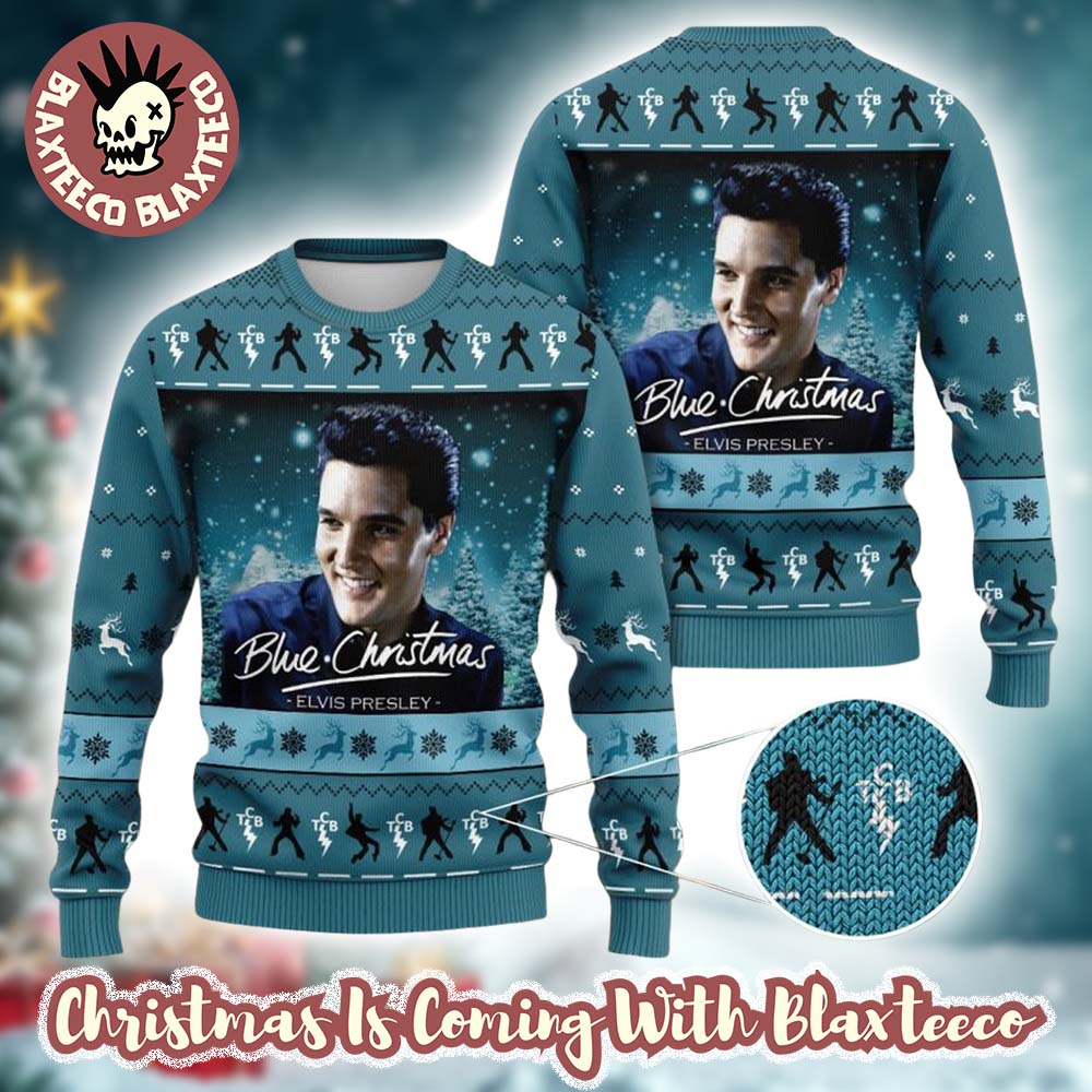 Elvis Presley Blue Christmas Holiday Snowy Night Knitted Blue Ugly Christmas Sweater Unisex T-shirt, Sweatshirt, Hoodie, Long Sleeve Tee - T-Shirt, Sweatshirt, Hoodie