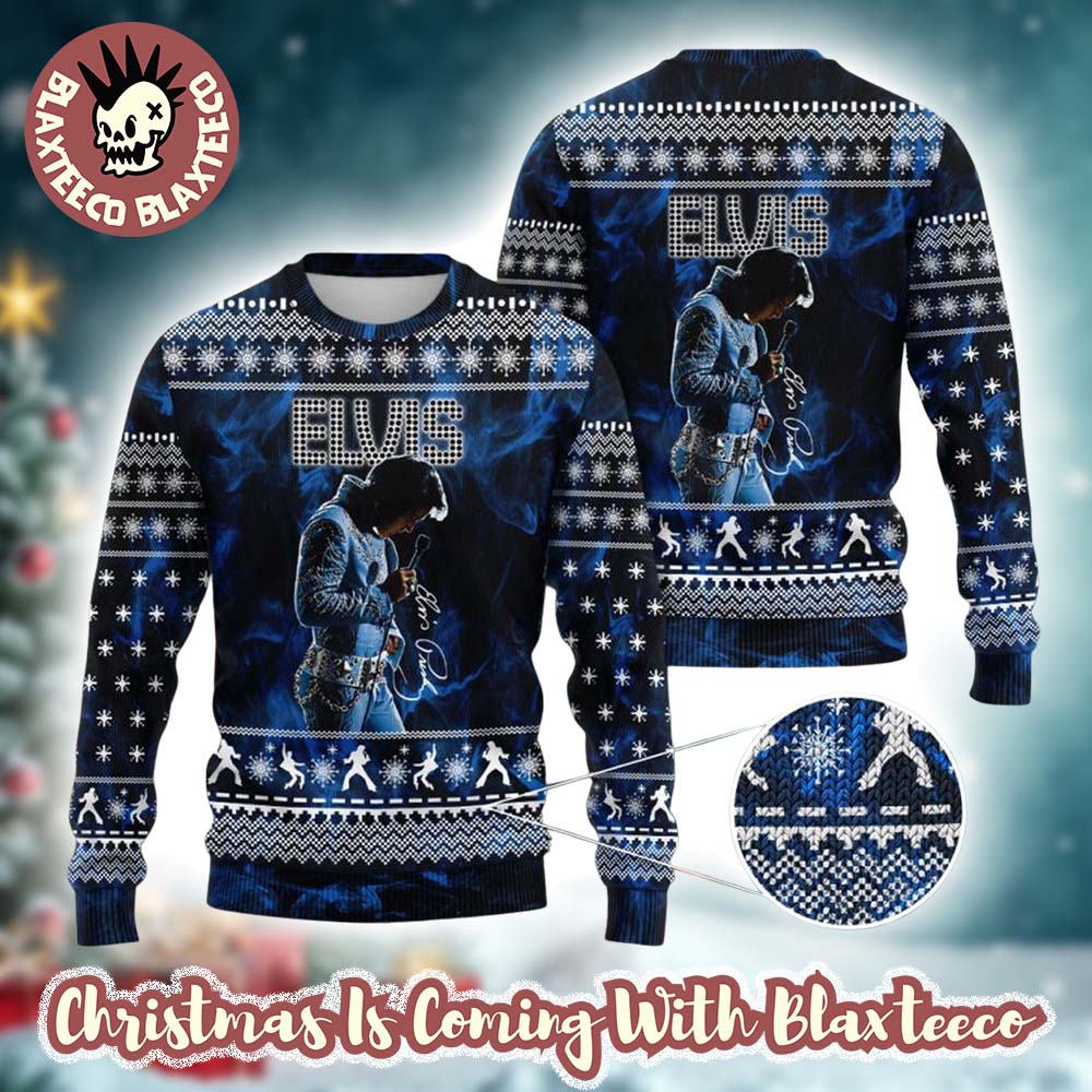 Elvis Presley Graphics Signature Blue Ugly Christmas Sweater Unisex T-shirt, Sweatshirt, Hoodie, Long Sleeve Tee - T-Shirt, Sweatshirt, Hoodie