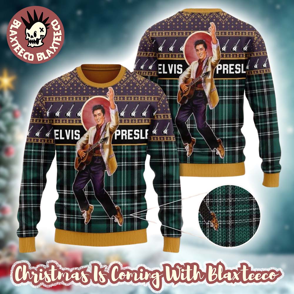 Elvis Presley Signature Posing With His Guitar Green Plaid Pattern Ugly Christmas Sweater Unisex T-shirt, Sweatshirt, Hoodie, Long Sleeve Tee - T-Shirt, Sweatshirt, Hoodie