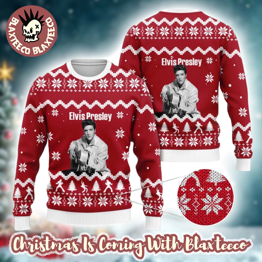 Elvis Presley With His Guitar Photo Knitted Red And White Ugly Christmas Sweater Unisex T-shirt, Sweatshirt, Hoodie, Long Sleeve Tee - T-Shirt, Sweatshirt, Hoodie