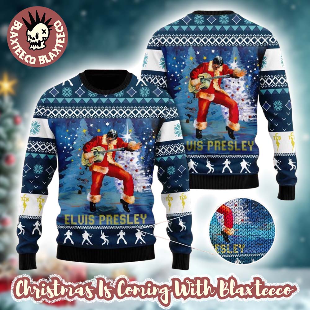 Elvis Presley With Santa Claus Costume Playing Guitar Gift For Fans Ugly Christmas Sweater - T-Shirt, Sweatshirt, Hoodie