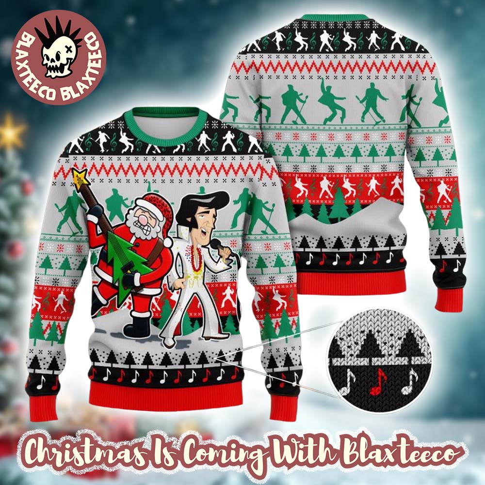 Elvis Presley With Santa Claus Singing Funny Ugly Christmas Sweater Unisex T-shirt, Sweatshirt, Hoodie, Long Sleeve Tee - T-Shirt, Sweatshirt, Hoodie