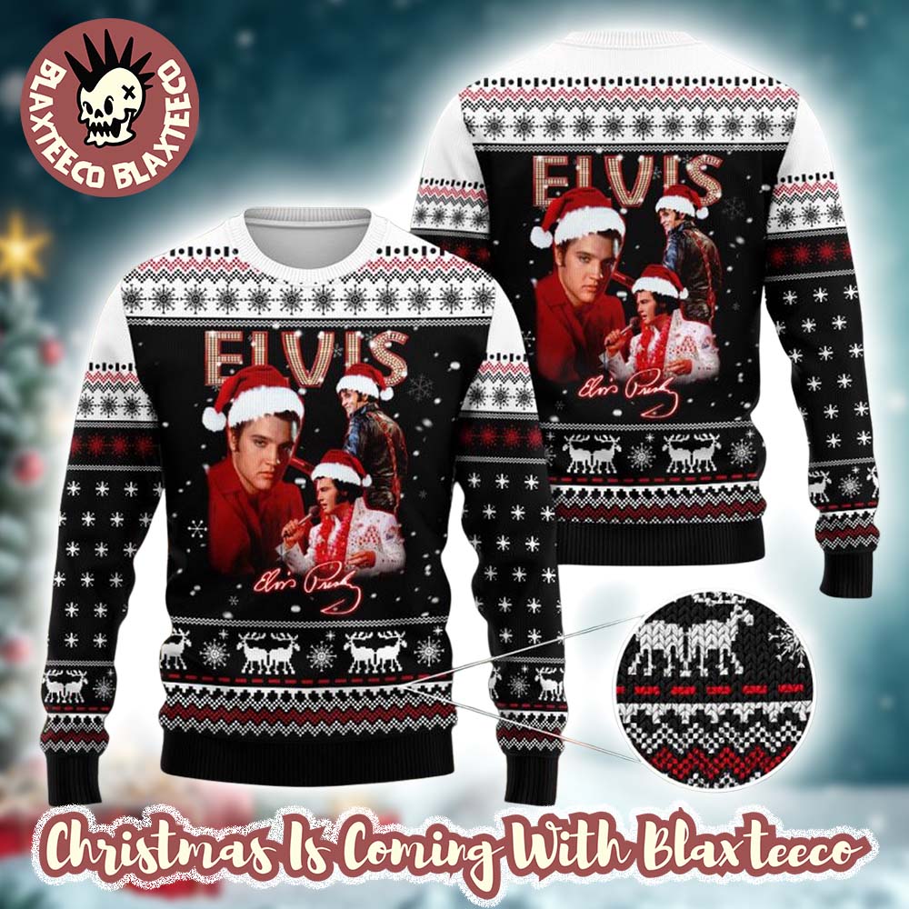 Elvis Presley With Santa Hats Photos Graphics Design Ugly Christmas Sweater Unisex T-shirt, Sweatshirt, Hoodie, Long Sleeve Tee - T-Shirt, Sweatshirt, Hoodie