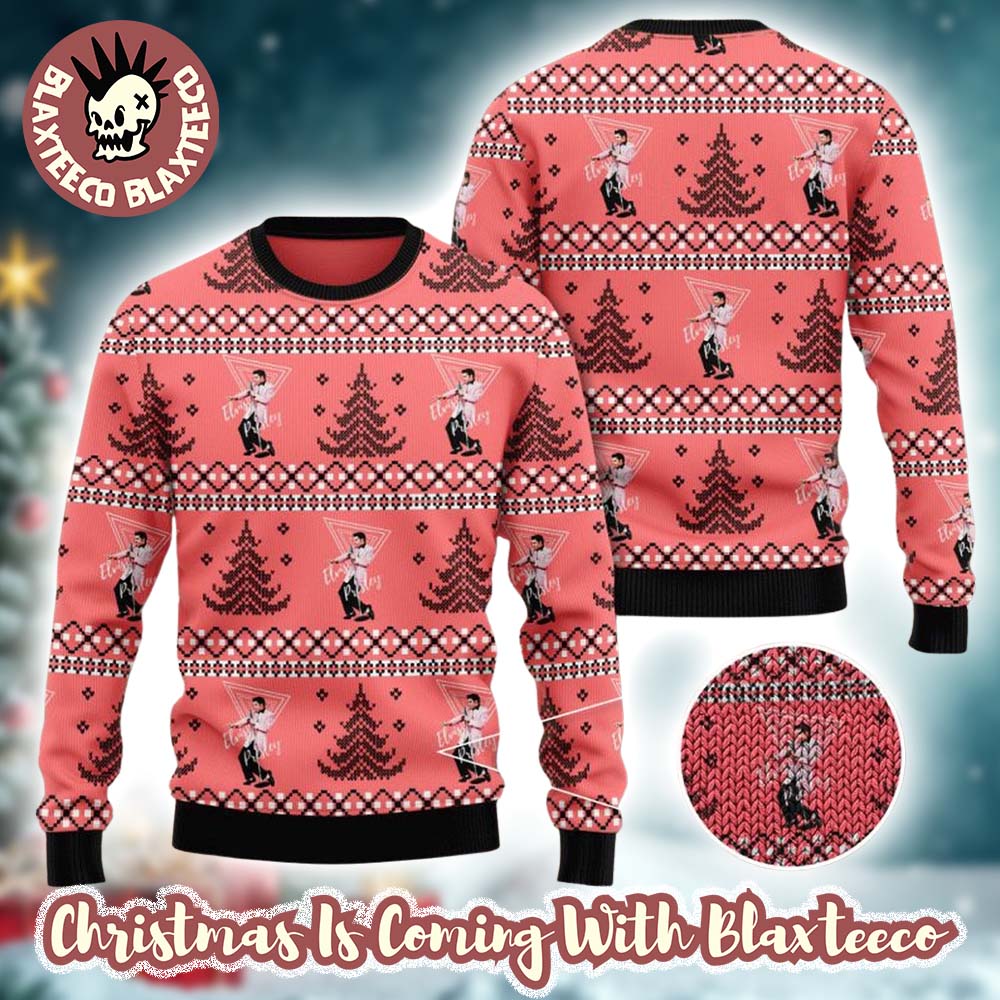 Elvis Presley With Xmas Tree Pattern Cute Pink Ugly Christmas Sweater Unisex T-shirt, Sweatshirt, Hoodie, Long Sleeve Tee - T-Shirt, Sweatshirt, Hoodie