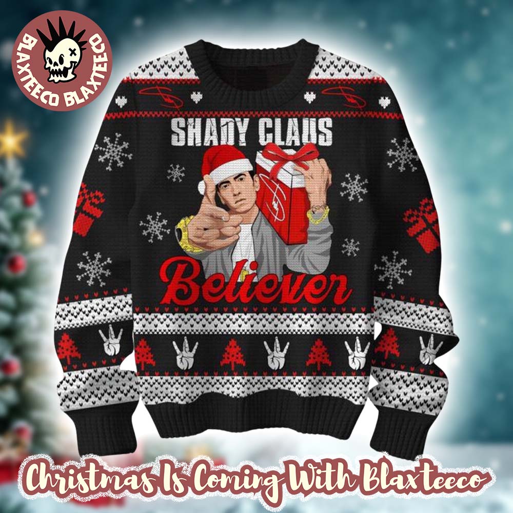 Eminem Shady Claus Believer Festive Knitted Black Ugly Christmas Sweater Unisex T-shirt, Sweatshirt, Hoodie, Long Sleeve Tee - T-Shirt, Sweatshirt, Hoodie