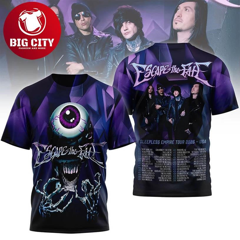 Escape The Fate Sleepless Empire Tour 2026 Two Sided Shirt Unisex T-shirt, Sweatshirt, Hoodie, Long Sleeve Tee - T-Shirt, Sweatshirt, Hoodie