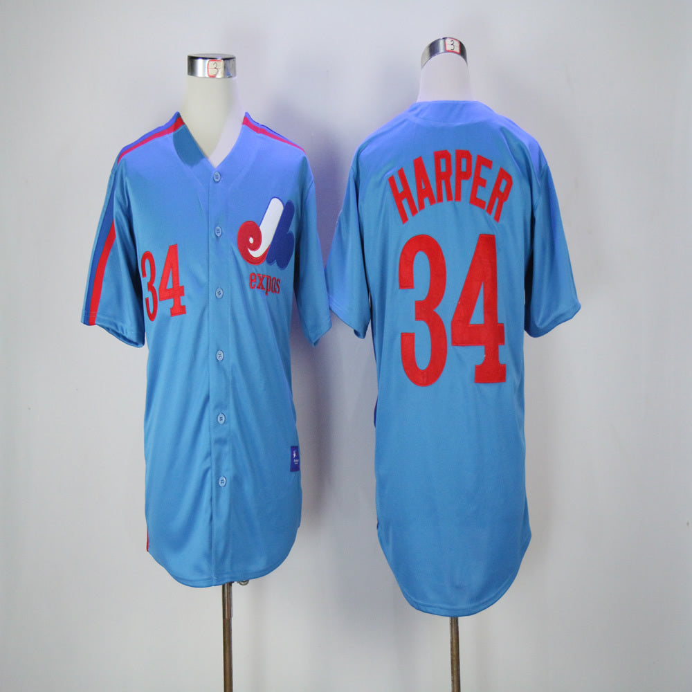Expos 34 Blue Retro Baseball Jersey baseball jersey product view 1