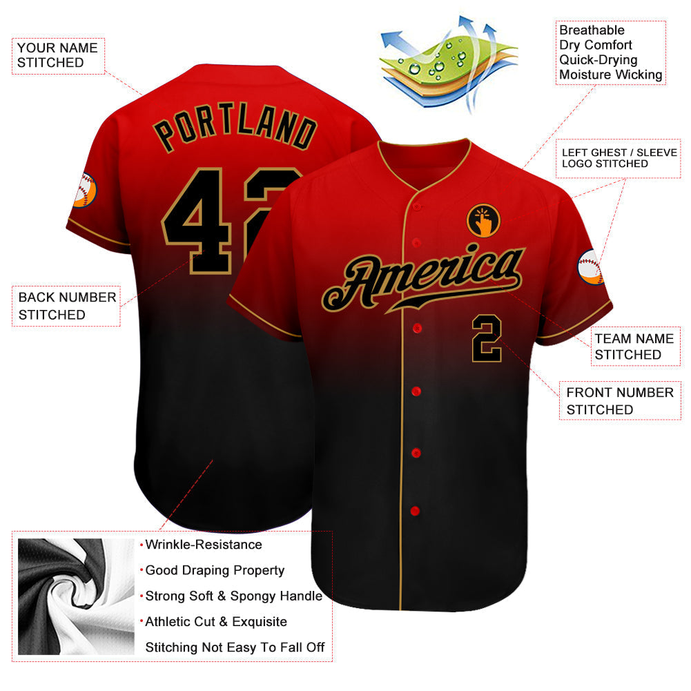 Custom Red Black-Old Gold Authentic Fade Fashion Baseball Jersey baseball jersey product view 3