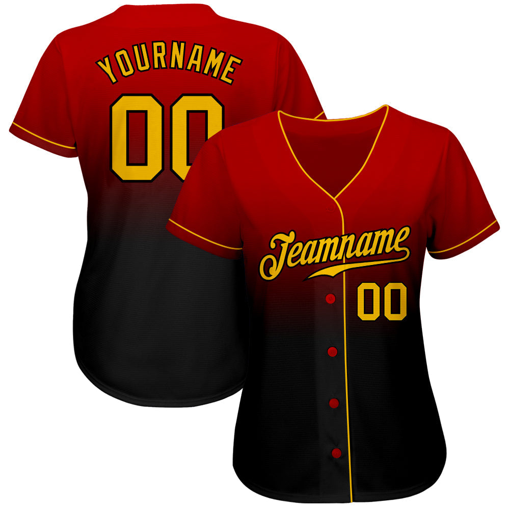 Custom Red Gold-Black Authentic Fade Fashion Baseball Jersey baseball jersey product view 2