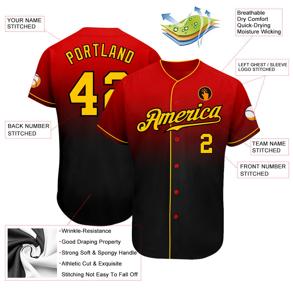 Custom Red Gold-Black Authentic Fade Fashion Baseball Jersey baseball jersey product view 3