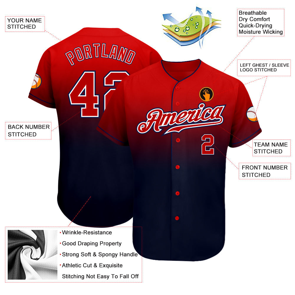 Custom Navy Red-White Authentic Fade Fashion Baseball Jersey baseball jersey product view 3