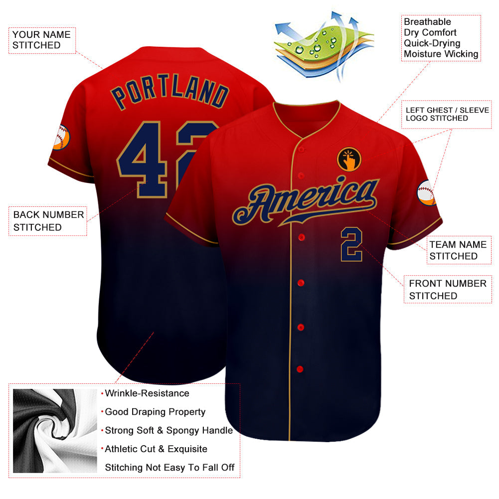 Custom Red Navy-Old Gold Authentic Fade Fashion Baseball Jersey baseball jersey product view 3