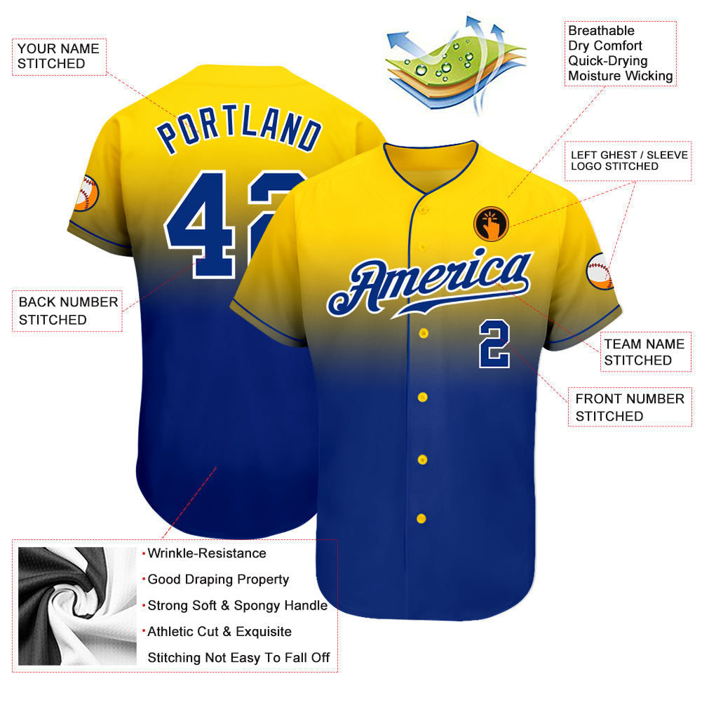 Custom Yellow Royal-White Authentic Fade Fashion Baseball Jersey baseball jersey product view 3