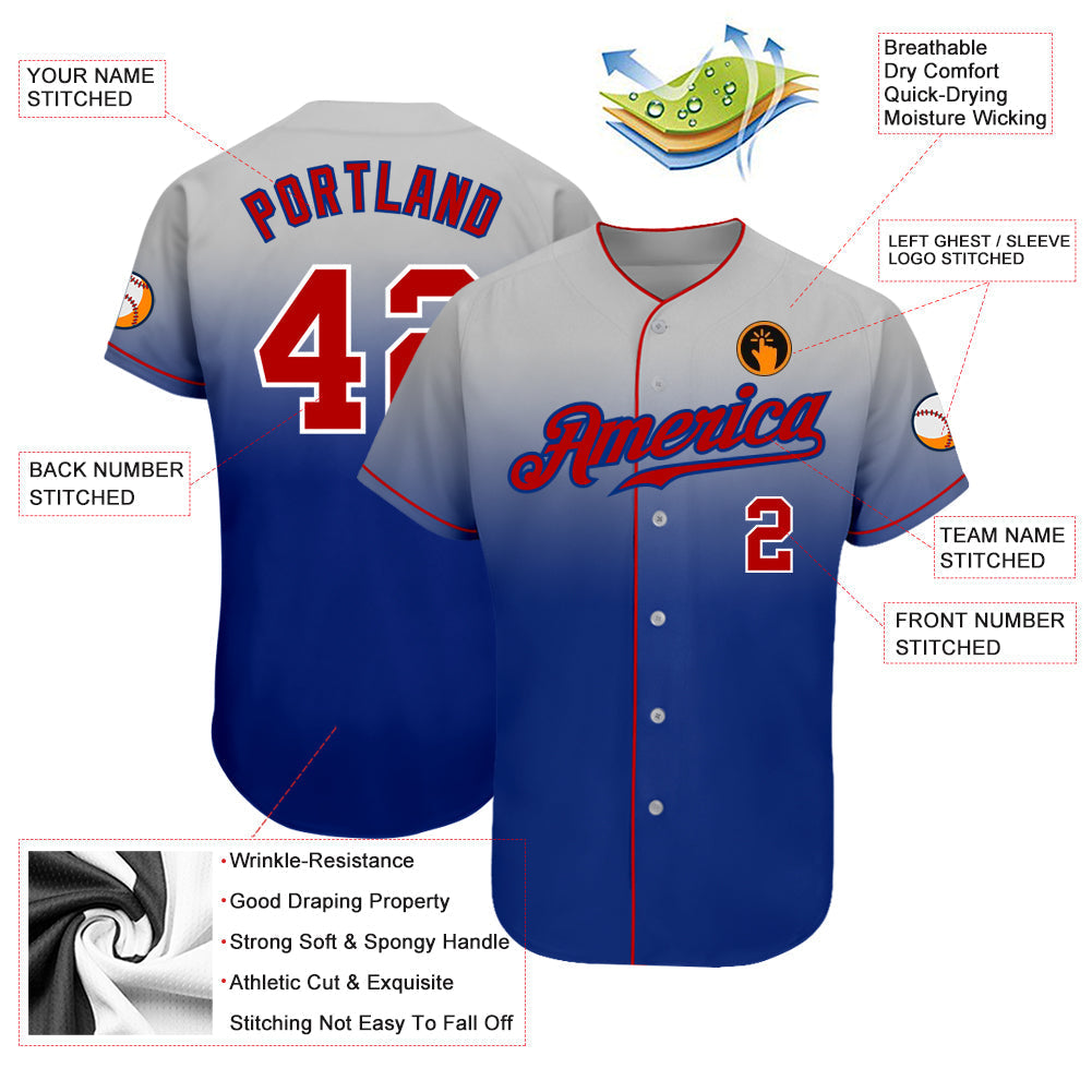 Custom Gray Red-Royal Authentic Fade Fashion Baseball Jersey baseball jersey product view 3