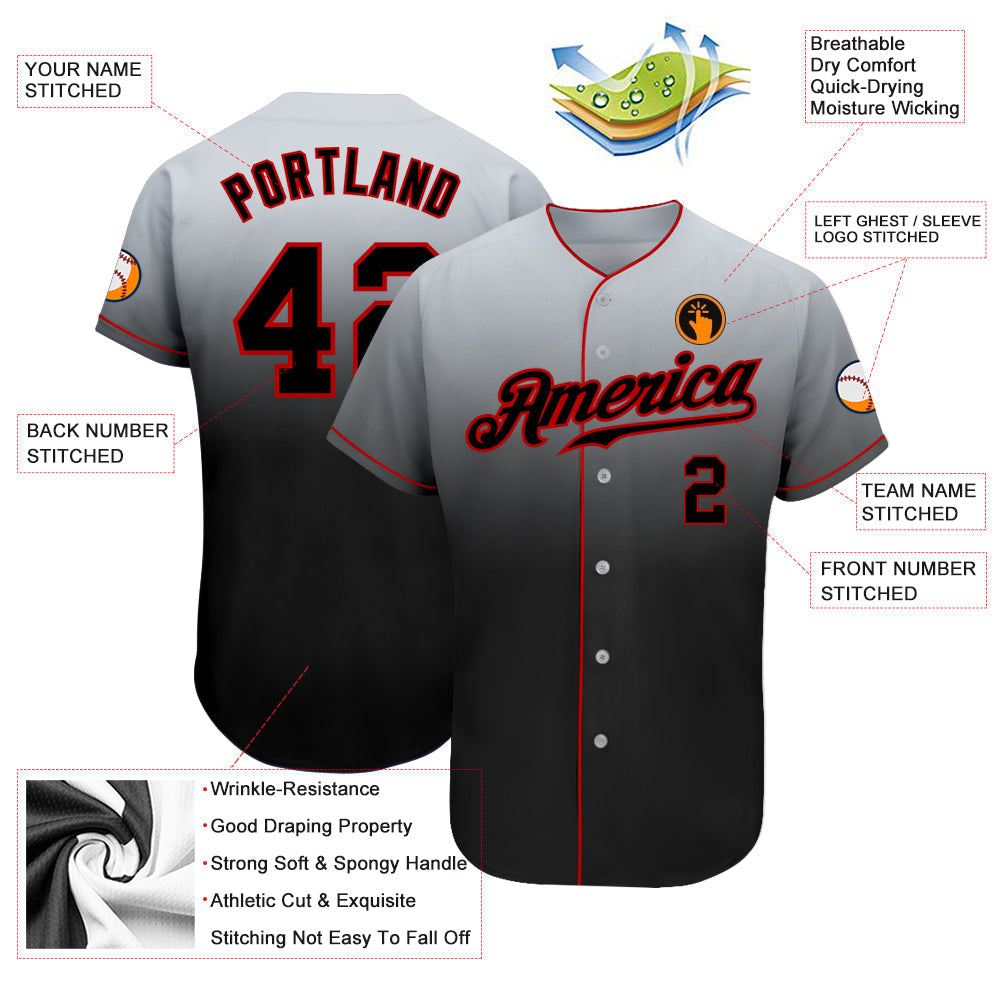 Custom Gray Black-Red Authentic Fade Fashion Baseball Jersey baseball jersey product view 3