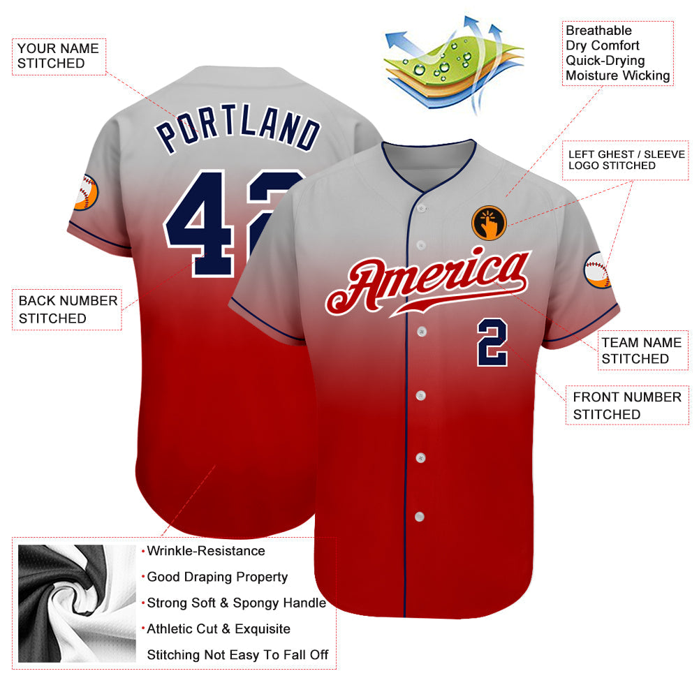 Custom Gray Navy-Red Authentic Fade Fashion Baseball Jersey baseball jersey product view 3
