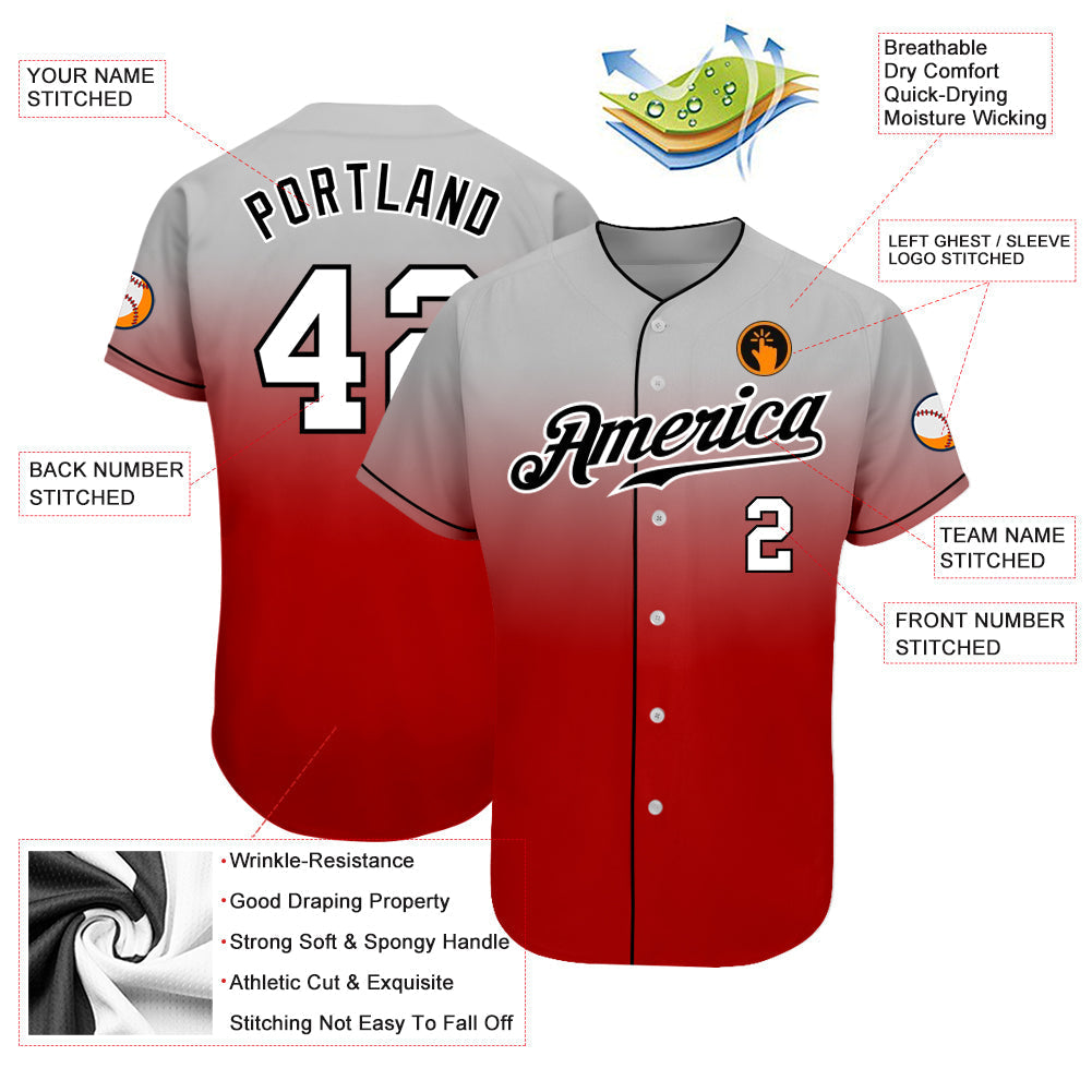 Custom Gray White-Red Authentic Fade Fashion Baseball Jersey baseball jersey product view 3