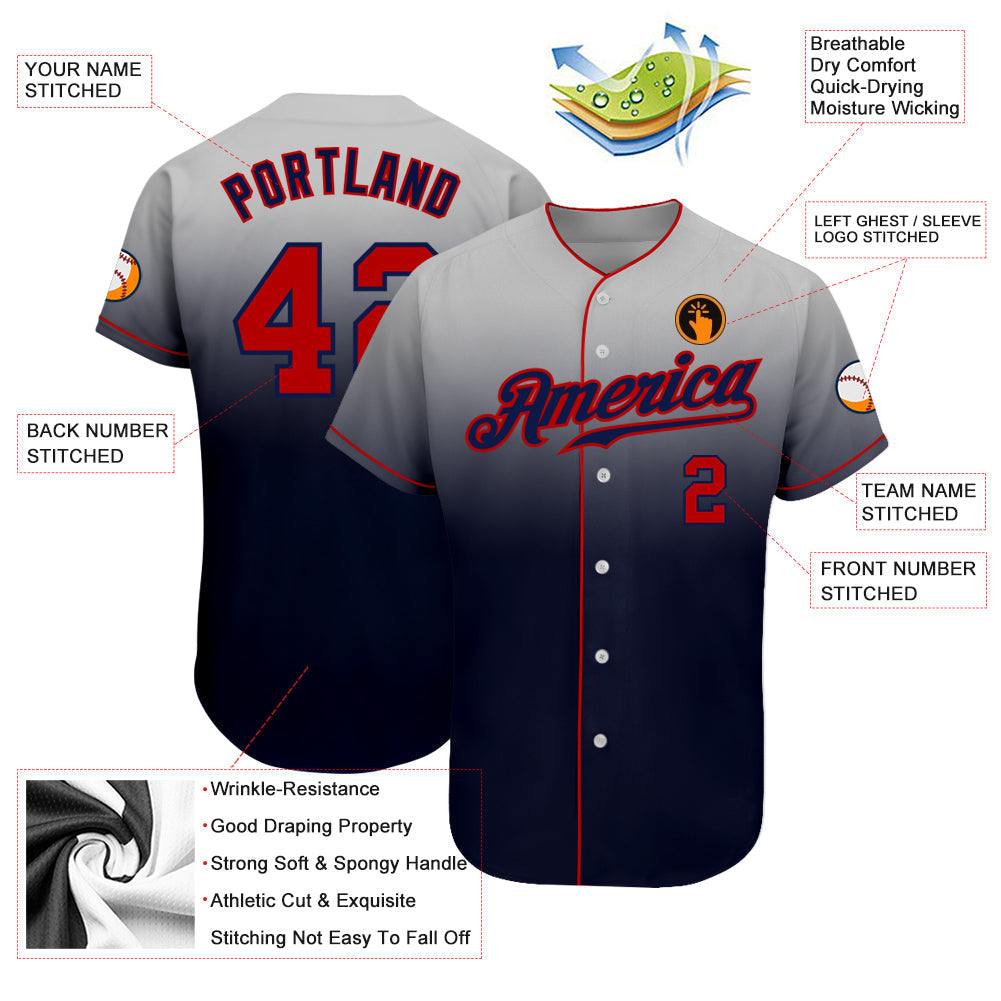 Custom Gray Red-Navy Authentic Fade Fashion Baseball Jersey baseball jersey product view 3
