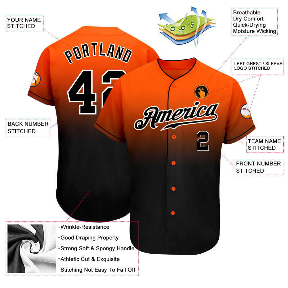 Custom Orange Black-White Authentic Fade Fashion Baseball Jersey baseball jersey product view 3
