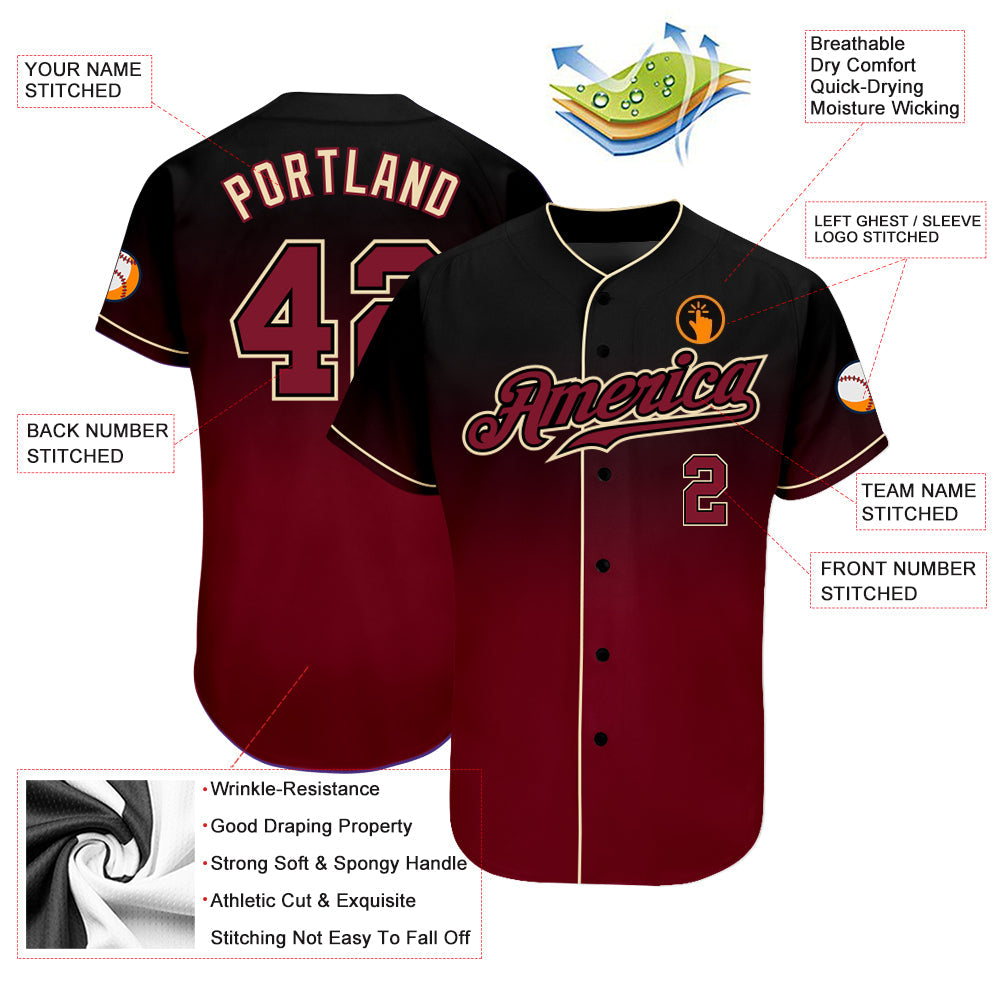 Custom Black Crimson-Cream Authentic Fade Fashion Baseball Jersey baseball jersey product view 3