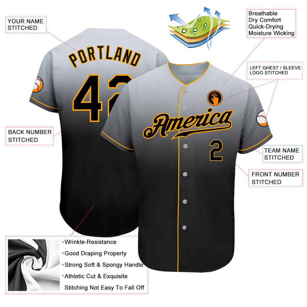 Custom Gray Black-Gold Authentic Fade Fashion Baseball Jersey baseball jersey product view 3