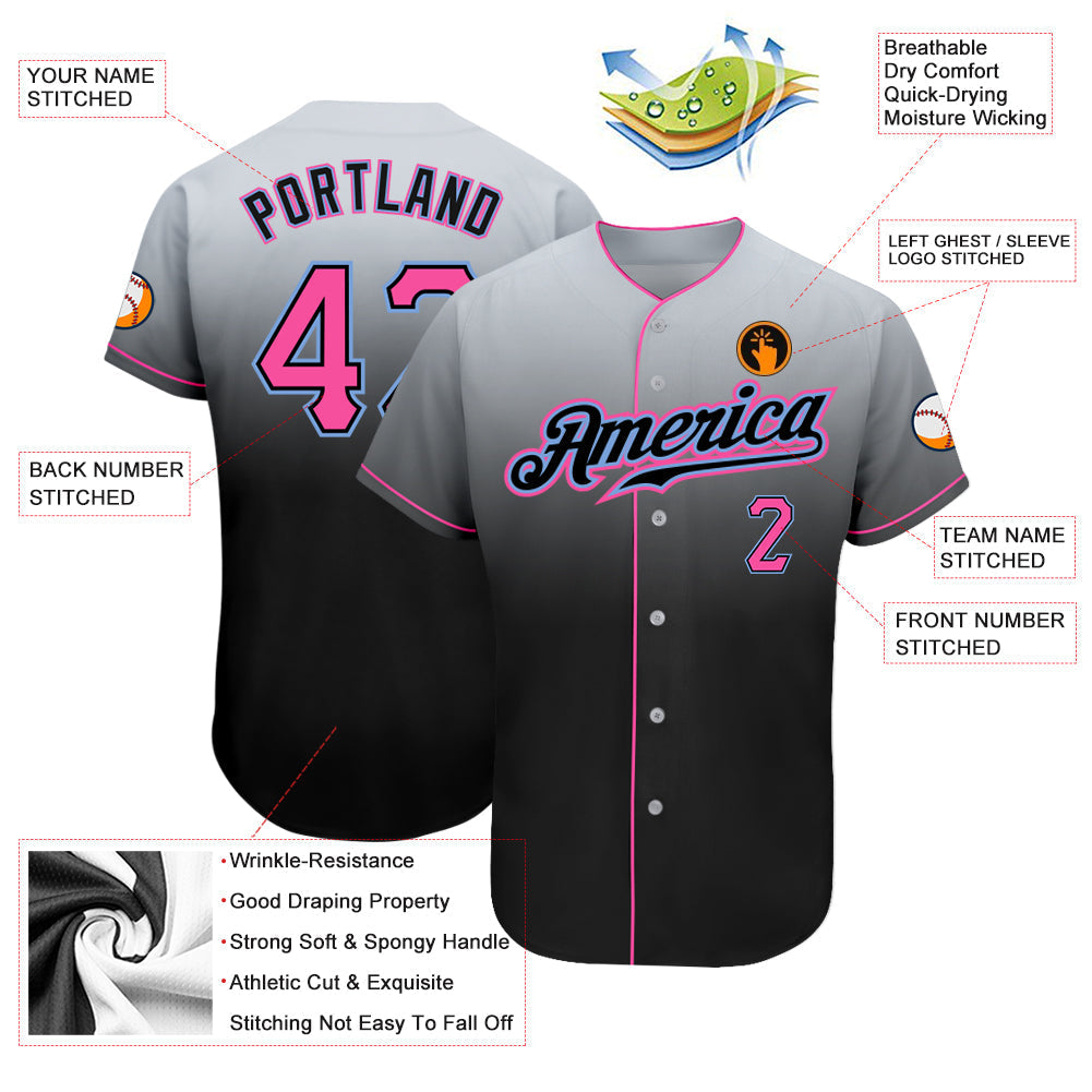 Custom Gray Pink-Black Authentic Fade Fashion Baseball Jersey baseball jersey product view 3